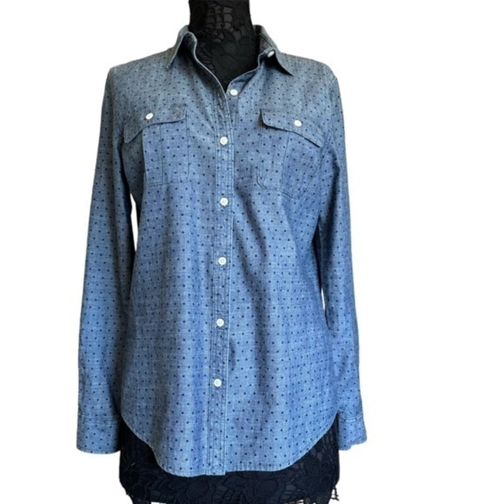 C. Wonder Blue Denim Cotton Polka Dot shrunken boy fit button down shirt…